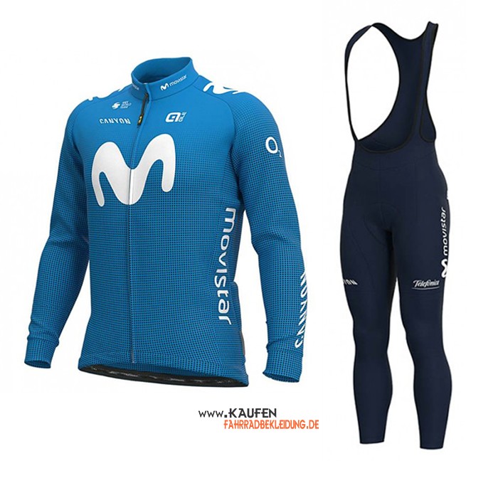 Movistar Langarmtrikot 2020 und Lange Tragerhose Blau